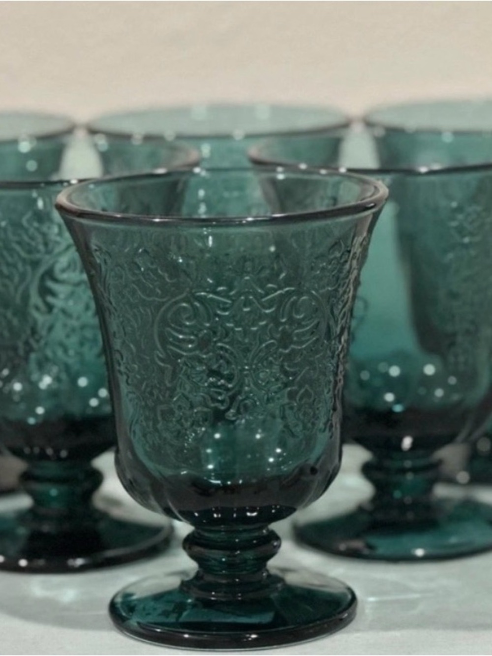 Set of Embossed Teal Glass Goblets